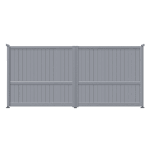 JABAL Aluminium Gates – Swing Gates – Window Grey Aluminium Fully-boarded swing gates in window grey with intermediate crossrail to show a modern, yet traditional look.
