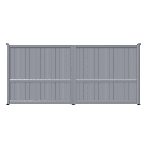 Aluminium Fully-boarded swing gates in window grey with intermediate crossrail to show a modern, yet traditional look.