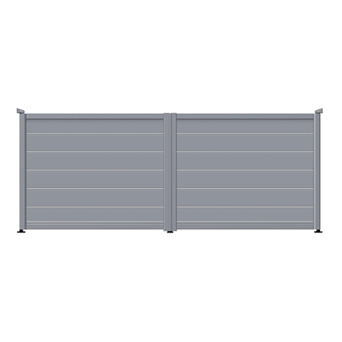 Aluminium Gates - Window Grey with flat top fully boarded with anodised aluminium strips to create a horizontal decorative effect.