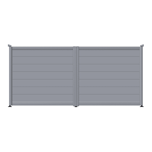 Fully boarded aluminium gates with solid wide 250mm boards in a window grey