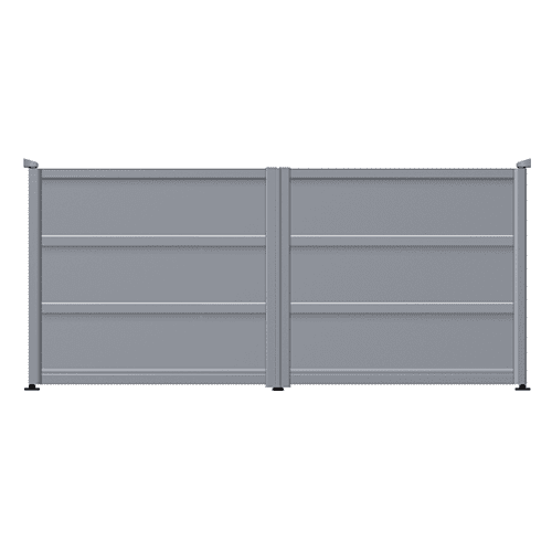 Metal Gates made from Aluminium in window grey, fully boarded with sheeted solid panelling in a swing gate pair configuration.