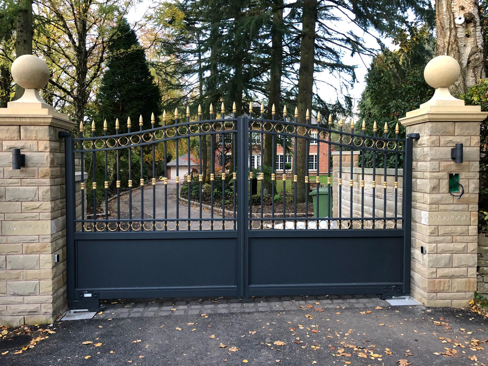 Traditional Wrought Iron Style Gates in Anthracite Grey RAL 7016 with Gold Decoration finish