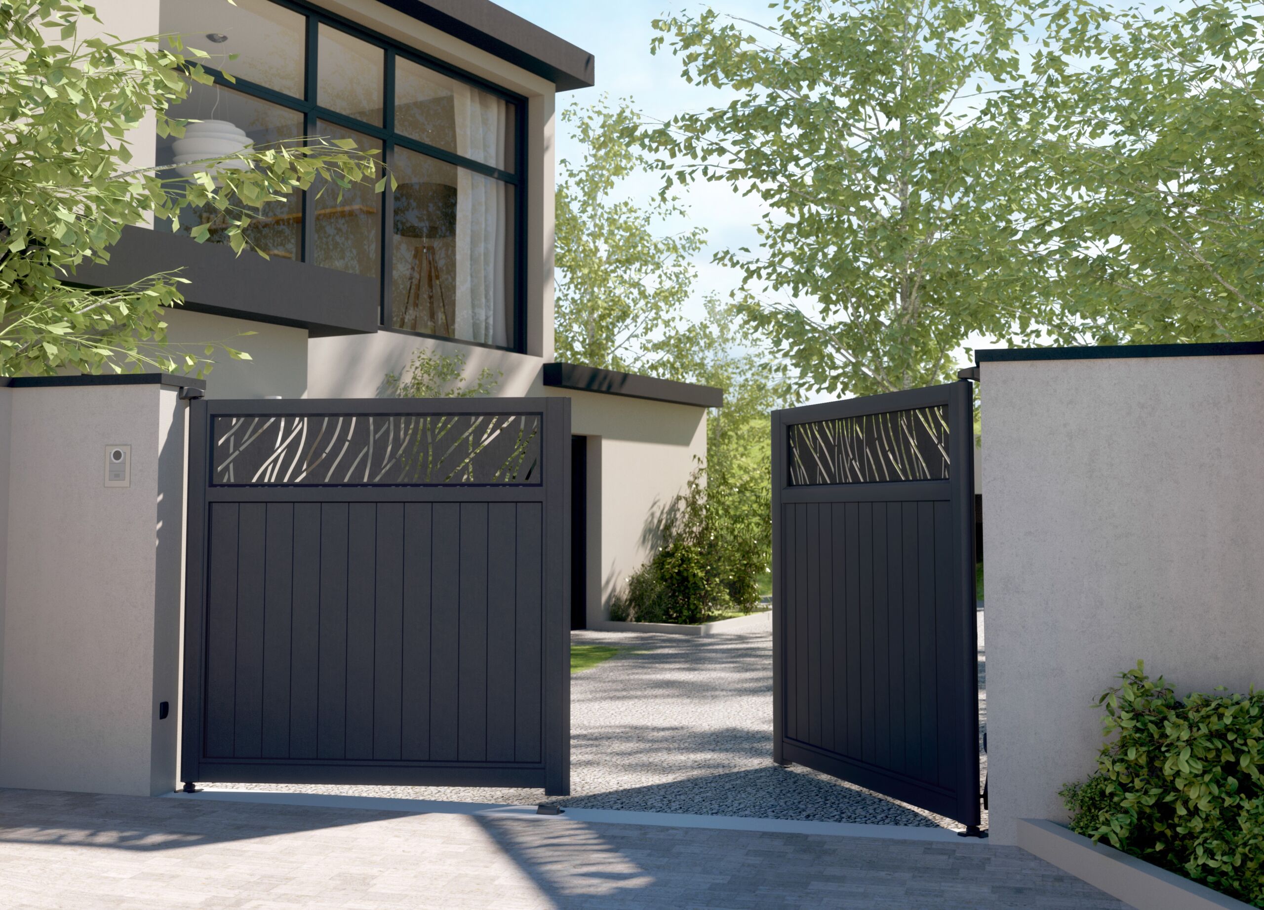 Lazer Muze Aluminium Swing Gates with Rythme Deisng Pattern